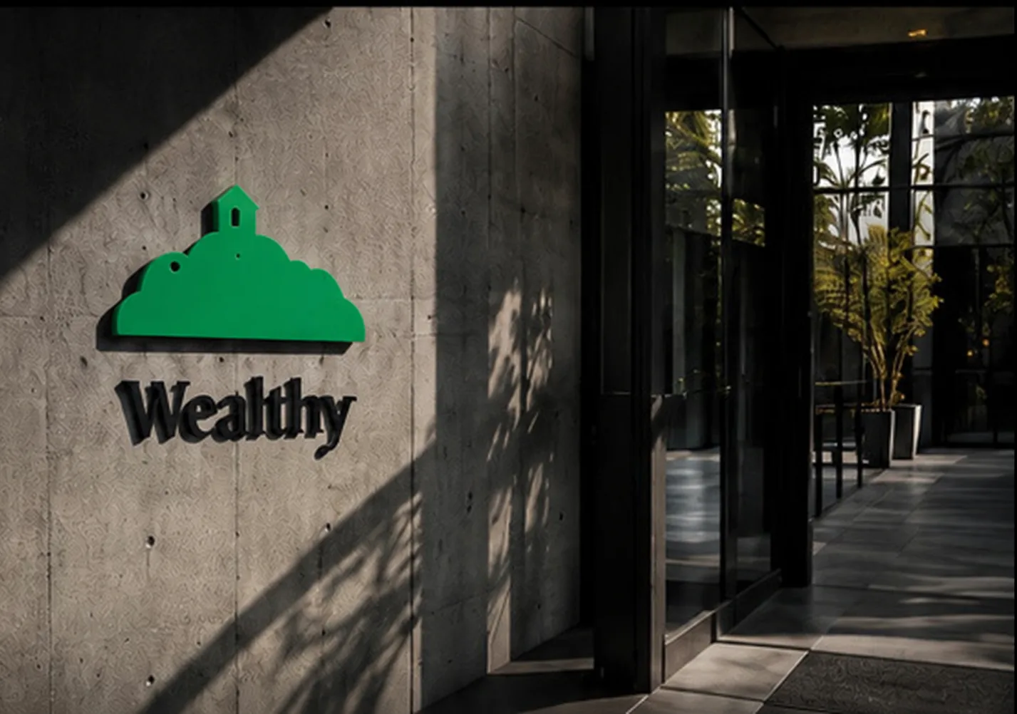 コンクリート壁に取り付けられたWealthyのロゴサイン