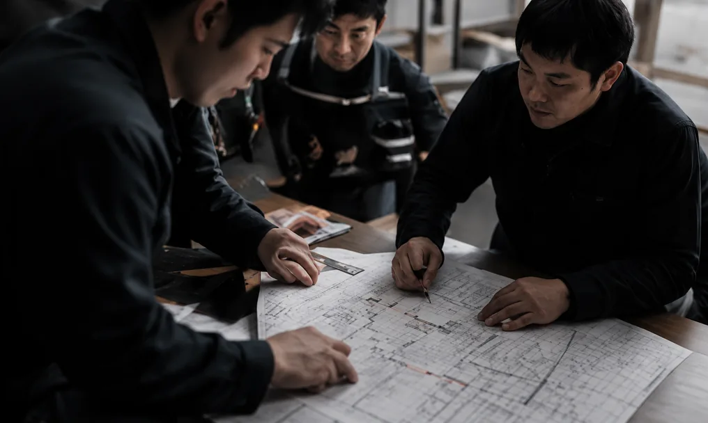 図面を囲んで打ち合わせをする施工チーム